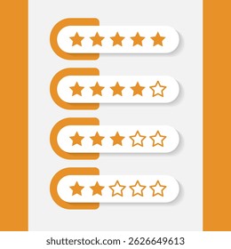 Five stars customer product review icon set, featuring yellow 5 star rating flat icons for apps and websites. Represents quality, customer rating, and feedback