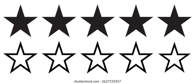 Five stars customer product review icon set, featuring black 5-star rating flat icons for apps and websites. Represents quality, customer rating, and feedback in transparent PNG and vector format
