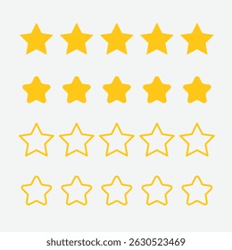 Five stars customer product review icon set, featuring yellow 5 star rating flat icons for apps and websites. Represents quality, customer rating, and feedback