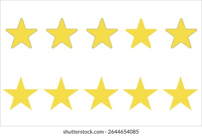 Five stars customer product review icon set, featuring yellow 5-star rating flat icons for apps and websites. Represents quality, customer rating, and feedback in transparent PNG and vector format