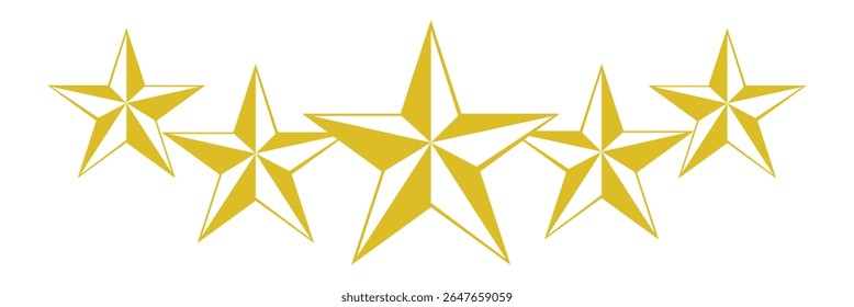 Five stars customer product review icon set. Five stars rating. Yellow 5 star flat icon for apps and websites. Quality, customer rating, feedback. Vector illustration.