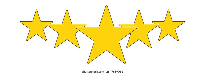 Five stars customer product review icon set. Five stars rating. Yellow 5 star flat icon for apps and websites. Quality, customer rating, feedback. Vector illustration.