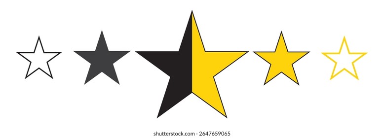 Five stars customer product review icon set. Five stars rating. Yellow 5 star flat icon for apps and websites. Quality, customer rating, feedback. Vector illustration.