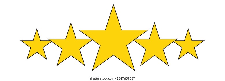 Five stars customer product review icon set. Five stars rating. Yellow 5 star flat icon for apps and websites. Quality, customer rating, feedback. Vector illustration.