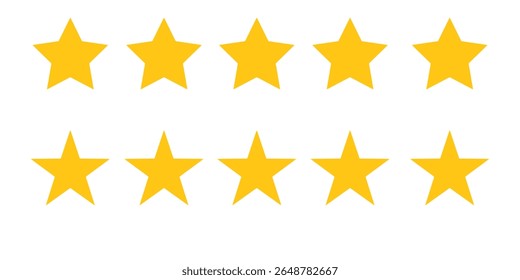 Five stars customer product review icon set, featuring yellow 5-star rating flat icons for apps and websites. Represents quality, customer rating, and feedback in transparent PNG and vector format.