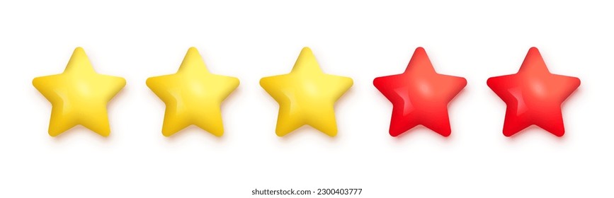 Five stars customer review vector illustration. Realistic 3d three gold and two red rating stars of quality evaluation for products, feedback or survey service, website design isolated on white.