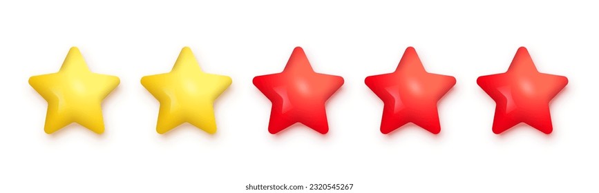 Five stars customer review vector illustration. Realistic 3d three red and two gold rating stars of quality evaluation for products, feedback or survey service, website design isolated on white.