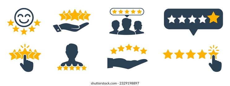 Five stars from customers set icons, rating signs, customer reviews sign, rating service, good client satisfaction, user experience best customer feedback concept – stock vector