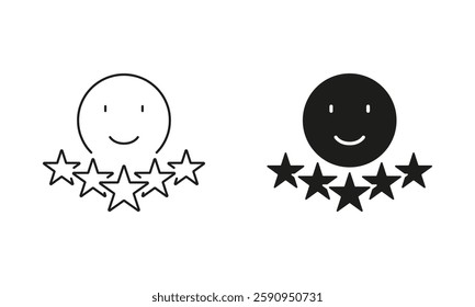 Five Stars Experience Symbol. Customer Review, Client Satisfaction Sign. Positive Feedback Line and Silhouette Icon Set. Happy Emoticon Pictogram. Editable Stroke. Isolated Vector Illustration.