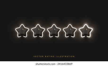 Five stars, glossy black and white colors. Customer rating feedback concept from the client about employee of website. Realistic 3d design of the object. For mobile applications. Vector illustration