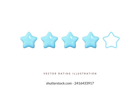 Cinco estrellas, brillantes colores azules. Concepto de comentarios de evaluación de clientes del cliente sobre el empleado del sitio web. Diseño 3d realista del objeto. Para aplicaciones móviles. Ilustración del vector