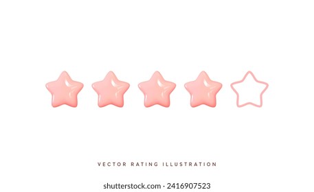 Five stars, glossy pink colors. Customer rating feedback concept from the client about employee of website. Realistic 3d design of the object. For mobile applications. Vector illustration