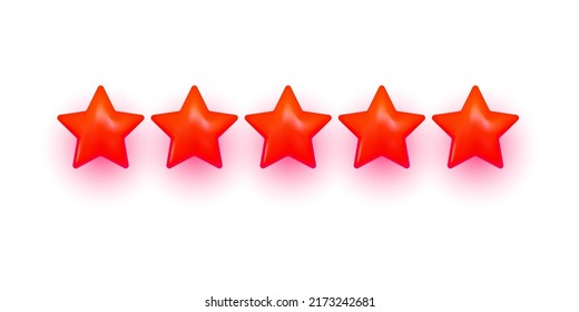 Five stars, glossy red color. Realistic 3d design of the object. Vector illustration