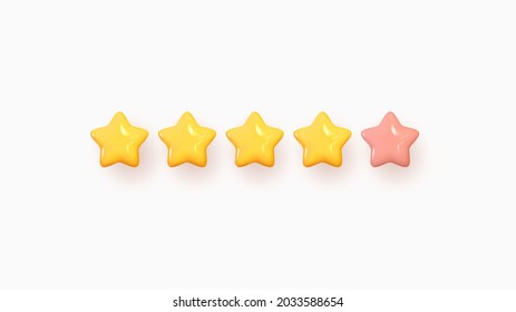 Five stars, glossy yellow and pink colors. Customer rating feedback concept from the client about employee of website. Realistic 3d design of the object. For mobile applications. Vector illustration