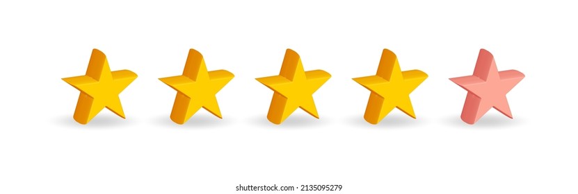 Five stars, glossy yellow and pink colors. Realistic 3d design of the object. For mobile apps. Customer rating feedback concept from customer about employee of website. Vector illustration.