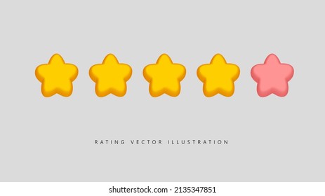 Five stars, glossy yellow and pink colors. Realistic 3d design of the object. For mobile apps. Customer rating feedback concept from customer about employee of website. Vector illustration.