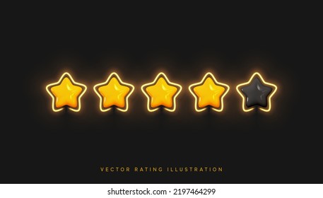 Five stars, glossy yellow and pink colors. Customer rating feedback concept from the client about employee of website. Realistic 3d design of the object. For mobile applications. Vector illustration