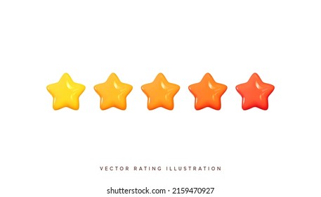 Five stars, glossy yellow and red colors. Customer rating feedback concept from the client about employee of website. Realistic 3d design of the object. For mobile applications. Vector illustration