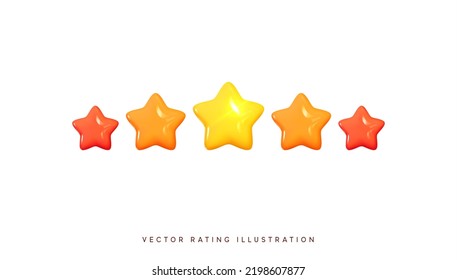 Five stars, glossy yellow and red colors. Customer rating feedback concept from the client about employee of website. Realistic 3d design of the object. For mobile applications. Vector illustration