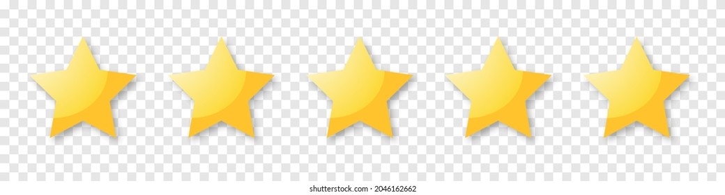 five stars. gold 5 yellow vector star isolated on transparent background. high rank, rate