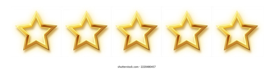 Five stars gold icon. Stars rating review icon.Vector stars set of realistic metallic golden stars isolated on white background. Symbol wye of leadership. Vector illustration