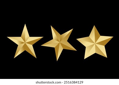 Icono de oro de cinco estrellas. Icono de revisión de calificación de estrellas. Estrellas de Vector conjunto de estrellas doradas metálicas realistas aisladas sobre fondo negro. Símbolo de liderazgo. Ilustración vectorial