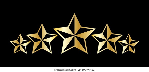 Five stars graphic icon. Rank or voting rating sign isolated on black background. Quality service symbol. Vector illustration 
