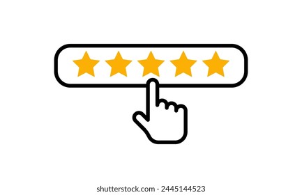 Five stars, hand icon. Feedback, review, evaluation customer. Premium quality. Gold, Yellow rating star. Vector illustration