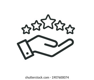 Un icono de cinco estrellas en la mano. Icono de calificación de servicios superior aislado en fondo blanco. Sencillo estilo plano. Ilustración del vector