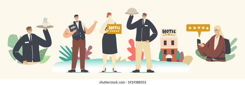 Five Stars Hotel, Hospitality Service Concept. Staff Characters Receptionist, Waiter with Menu and Cloche Lid on Tray Meeting Tourists in Top Quality Luxury Hotel. Cartoon People Vector Illustration