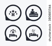 Five stars hotel icons. Travel rest place symbols. Human sleep in bed sign. Hotel check-in registration or reception. Flat icon pointers.