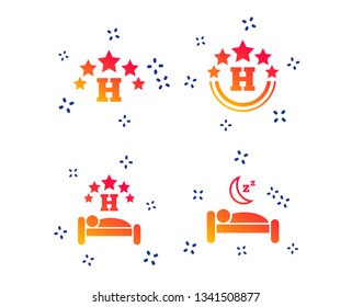 Five stars hotel icons. Travel rest place symbols. Human sleep in bed sign. Random dynamic shapes. Gradient hotel icon. Vector