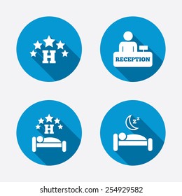 Five stars hotel icons. Travel rest place symbols. Human sleep in bed sign. Hotel check-in registration or reception. Circle concept web buttons. Vector