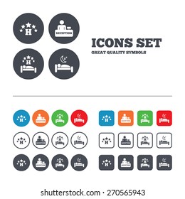 Five stars hotel icons. Travel rest place symbols. Human sleep in bed sign. Hotel check-in registration or reception. Web buttons set. Circles and squares templates. Vector