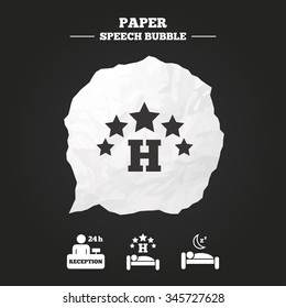 Five stars hotel icons. Travel rest place symbols. Human sleep in bed sign. Hotel 24 hours registration or reception. Paper speech bubble with icon.