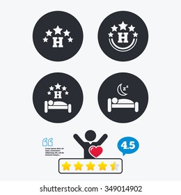 Five stars hotel icons. Travel rest place symbols. Human sleep in bed sign. Star vote ranking. Client like and think bubble. Quotes with message.