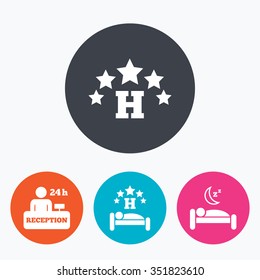 Five stars hotel icons. Travel rest place symbols. Human sleep in bed sign. Hotel 24 hours registration or reception. Circle flat buttons with icon.