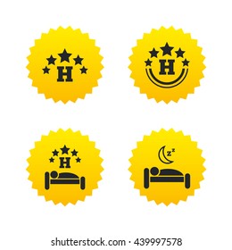 Five stars hotel icons. Travel rest place symbols. Human sleep in bed sign. Yellow stars labels with flat icons. Vector