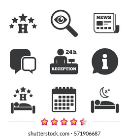 Five stars hotel icons. Travel rest place symbols. Human sleep in bed sign. Hotel 24 hours registration or reception. Newspaper, information and calendar icons. Investigate magnifier, chat symbol