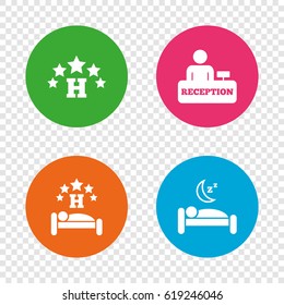 Five stars hotel icons. Travel rest place symbols. Human sleep in bed sign. Hotel check-in registration or reception. Round buttons on transparent background. Vector