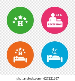 Five stars hotel icons. Travel rest place symbols. Human sleep in bed sign. Hotel 24 hours registration or reception. Round buttons on transparent background. Vector