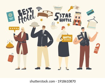 Five Stars Hotel Service Concept. Hospitality Staff Characters Meeting Tourists in Top Quality Luxury Hotel. Receptionist, Waiter with Menu and Cloche Lid on Tray. Cartoon People Vector Illustration