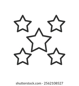 Five stars, icon in line design. Five stars, rating, review, quality, excellence, top rating, award on white background vector. Five stars editable stroke icon