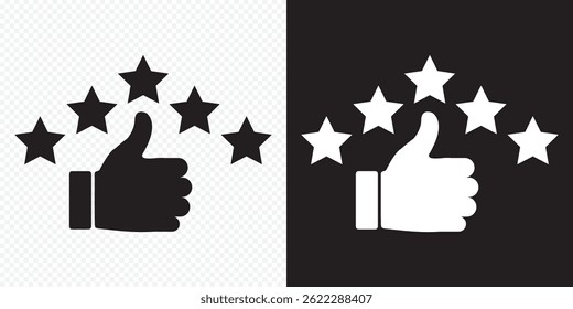 Five stars icon. Stars rating review icon. Vector illustration. hand with thumb up and stars rating icon on Transparent Background. EPS 10.