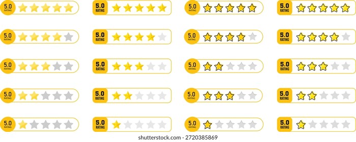 Cinco estrellas icono conjunto Vector. Icono de la revisión de la calificación del producto del Cliente de cinco estrellas para App y Sitios web. Concepto de Comentarios Cliente. Conjunto de iconos de Comentarios de estrellas de calificación. calificación de calidad de cinco estrellas y texto 5.0 Calificación contra un fondo blanco limpio.