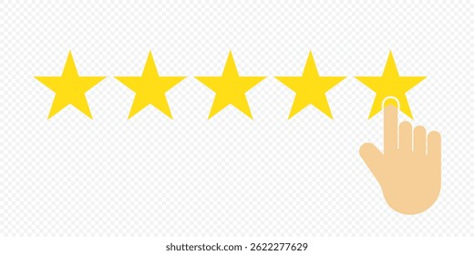 Five stars icon Vector. Five stars customer product rating review flat icon for apps and websites on Transparent Background. EPS 10.