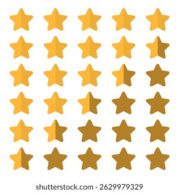Five stars icon. Vector golden color: Customers rate the product with five stars, flat icon for apps and websites. Set of different ratings. Vector illustration EPS 10. Five gold star rating