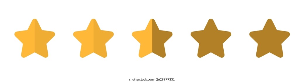 Five stars icon. Vector golden color: Customers rate the product with five stars, flat icon for apps and websites. Set of different ratings. Vector illustration EPS 10. Five gold star rating