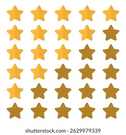 Five stars icon. Vector golden color: Customers rate the product with five stars, flat icon for apps and websites. Set of different ratings. Vector illustration EPS 10. Five gold star rating