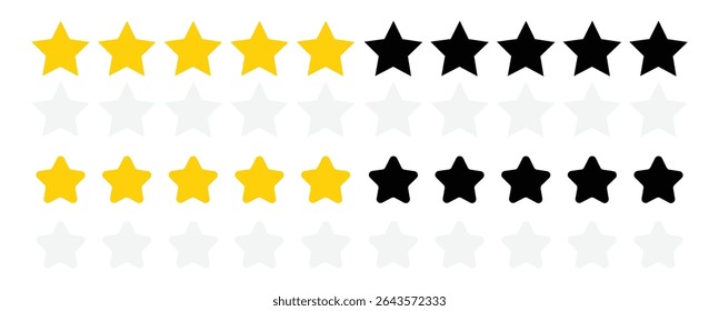 Five stars icon Vector.  Five stars review rating vector illustration. rating star icon. review icon. Set of different ratings. Vector illustration
